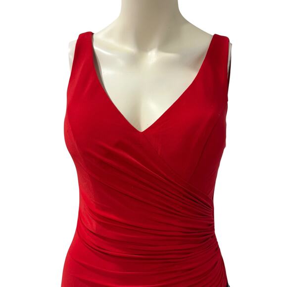 Mac Duggal 26513 Sleeveless Red Jersey Ruched V Neck Gown 4 - Picture 6 of 8